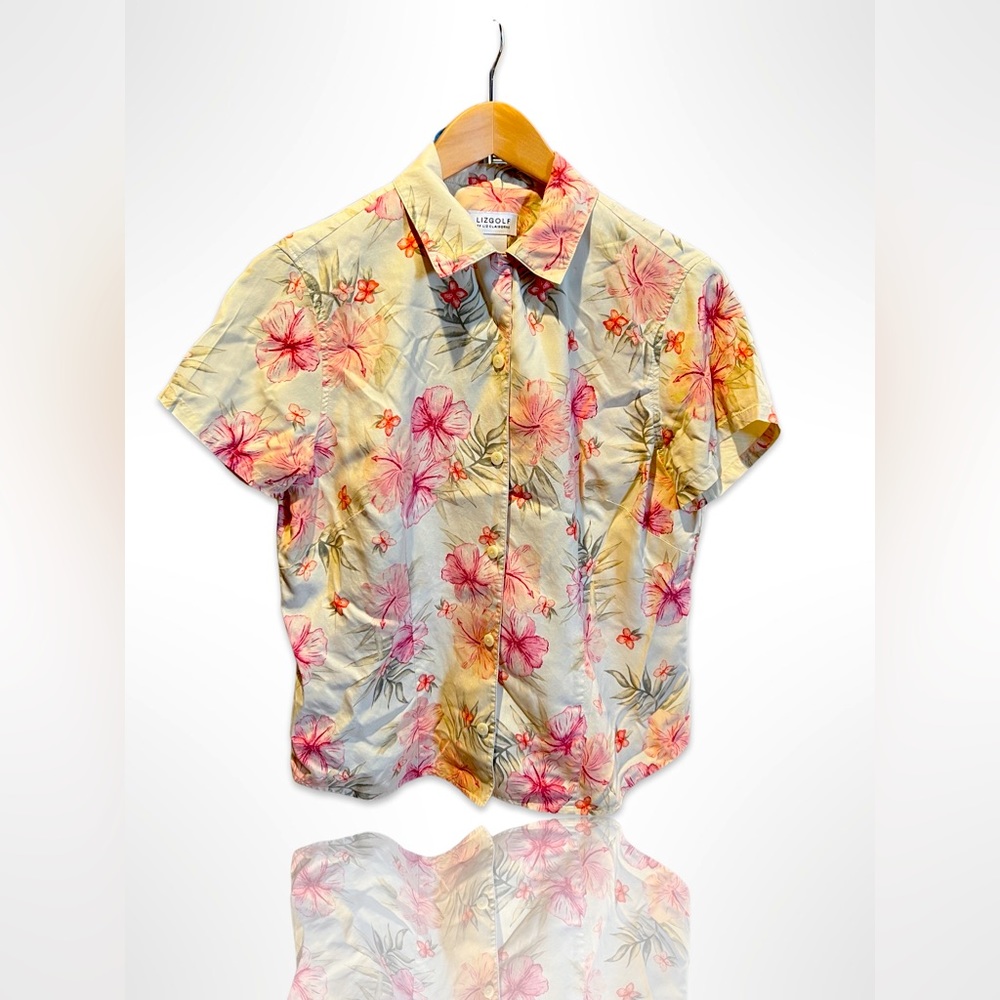 Medium pink hibiscus pattern, 100% silk, Lizgolf shirt